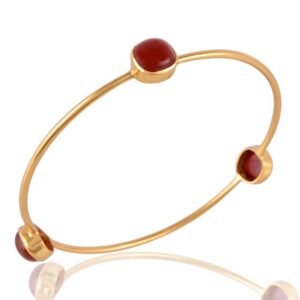 Gold-plated carnelian bangle with three bezel-set gemstones, minimalist handmade bracelet