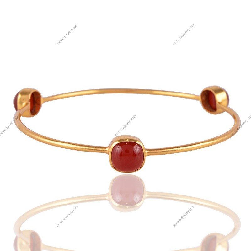 Gold-plated carnelian bangle with three bezel-set gemstones, minimalist handmade bracelet