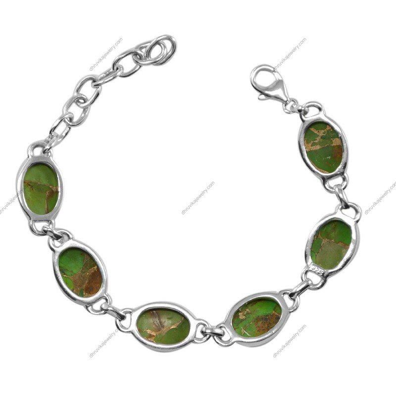 Sterling silver bracelet with oval green turquoise gemstones, handcrafted and adjustable