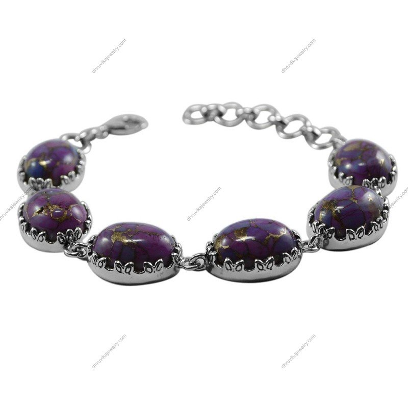 Sterling silver purple turquoise bracelet with oval gemstones and adjustable clasp