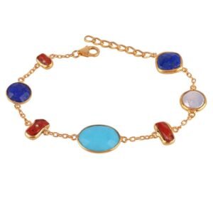 Gold-plated multi-gemstone bracelet featuring turquoise, lapis lazuli, coral, and moonstone, handcrafted with an adjustable chain.