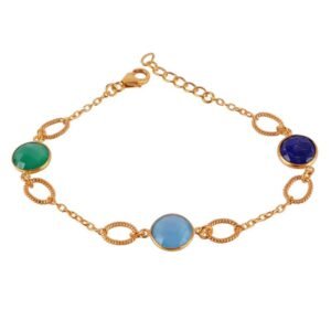 Gold-plated multi-gemstone bracelet featuring lapis lazuli, chalcedony, and green onyx with rope link details