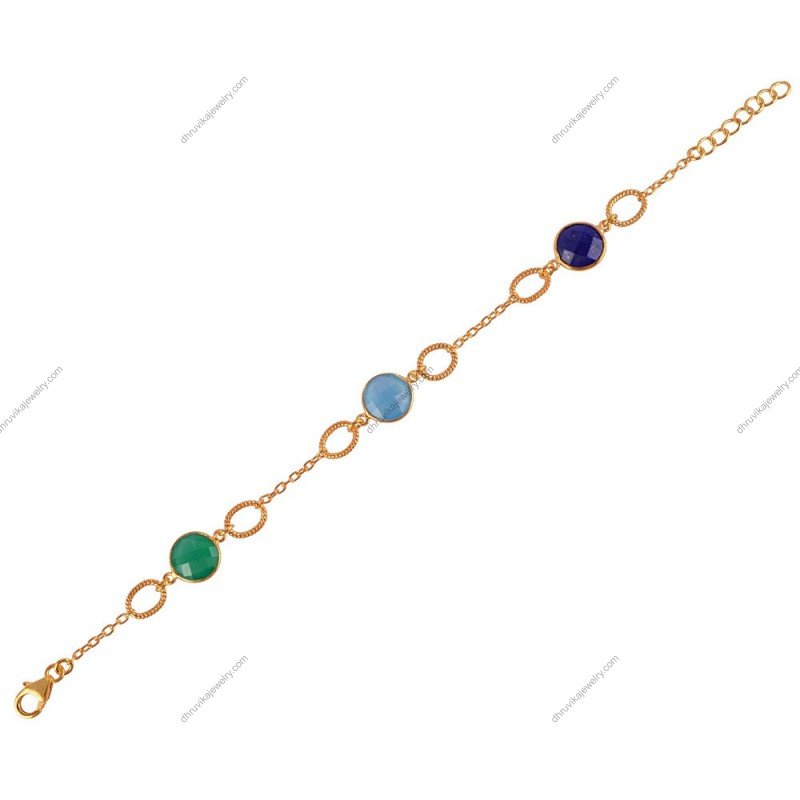 Gold-plated multi-gemstone bracelet featuring lapis lazuli, chalcedony, and green onyx with rope link details