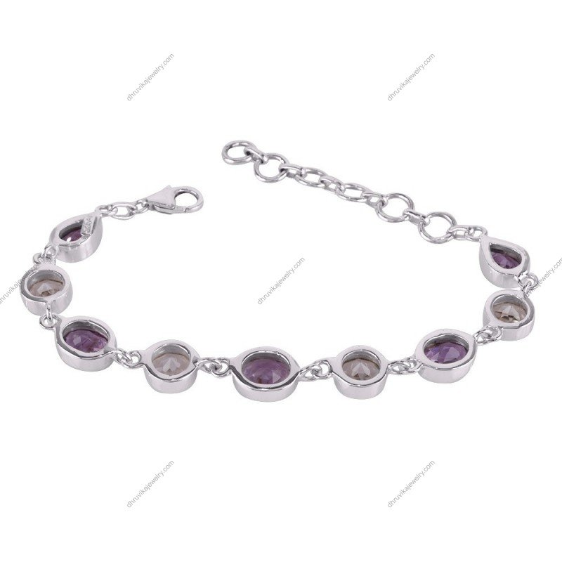 Sterling silver amethyst bracelet with clear quartz gemstones, elegant and adjustable design