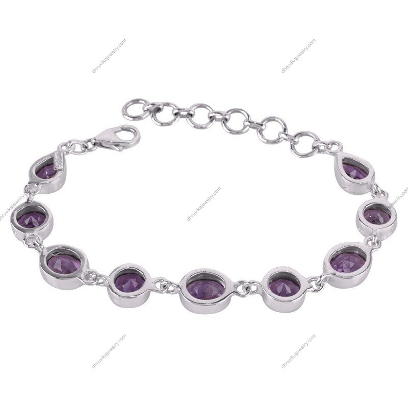 Sterling silver amethyst bracelet with oval gemstones and adjustable chain