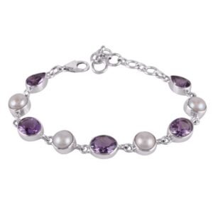 Sterling silver amethyst and pearl bracelet with handcrafted gemstone setting