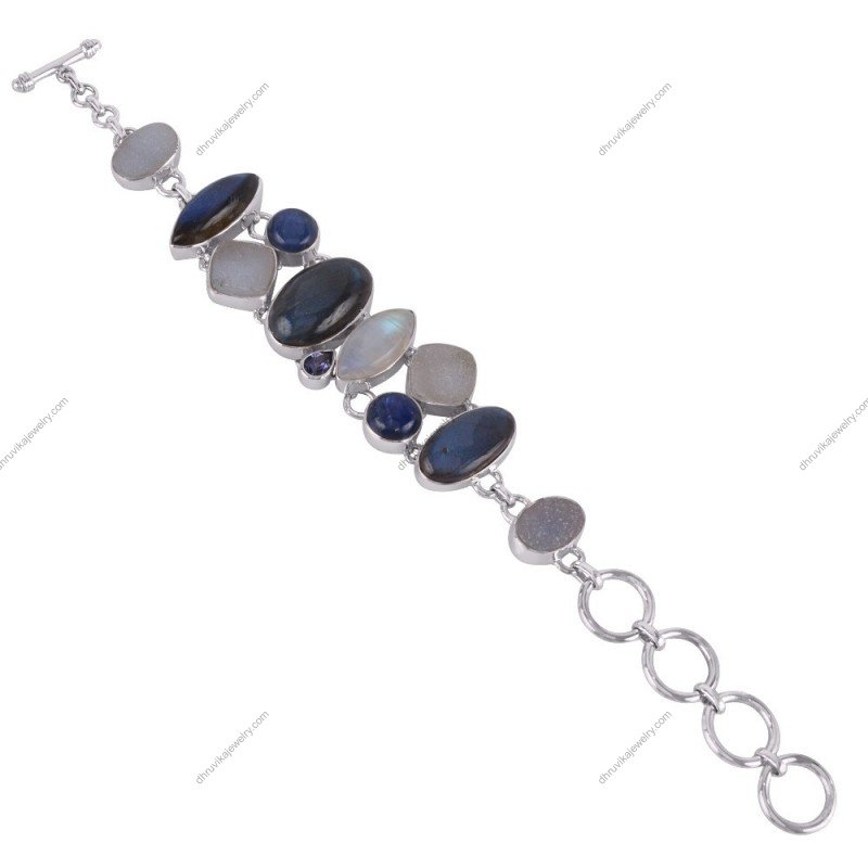 Sterling silver labradorite and druzy gemstone bracelet with sapphire accents, handcrafted statement jewelry