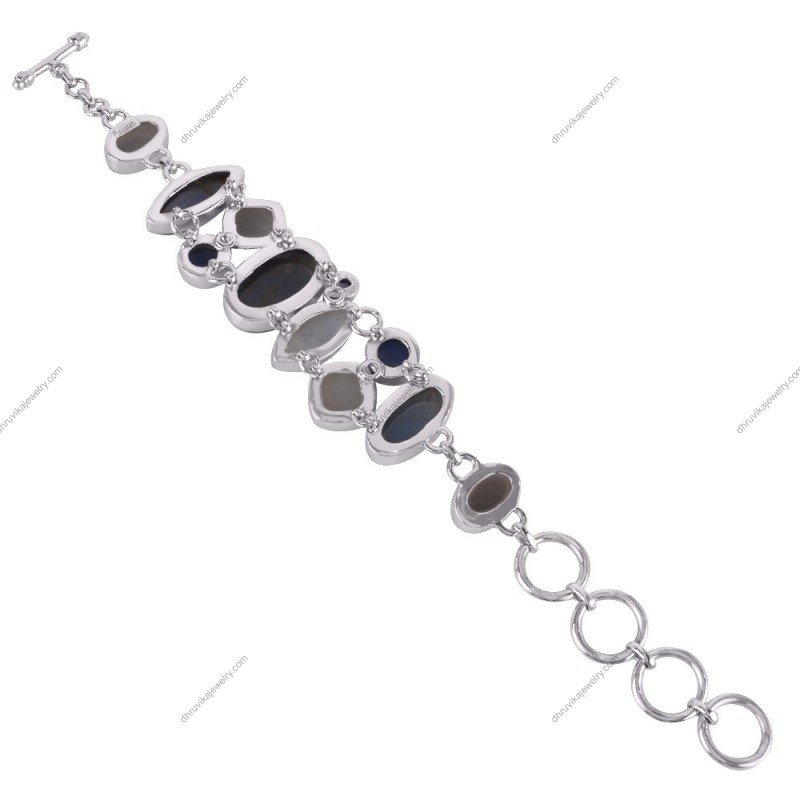 Sterling silver labradorite and druzy gemstone bracelet with sapphire accents, handcrafted statement jewelry