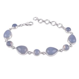 Sterling silver blue chalcedony bracelet with pear and round-cut gemstones, handmade artisan jewelry