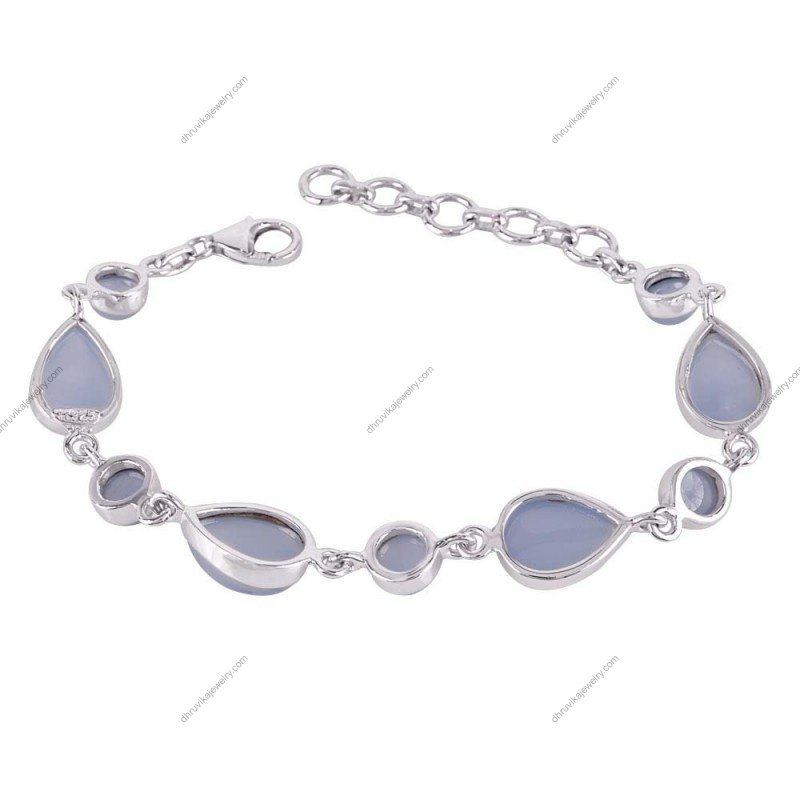 Sterling silver blue chalcedony bracelet with pear and round-cut gemstones, handmade artisan jewelry