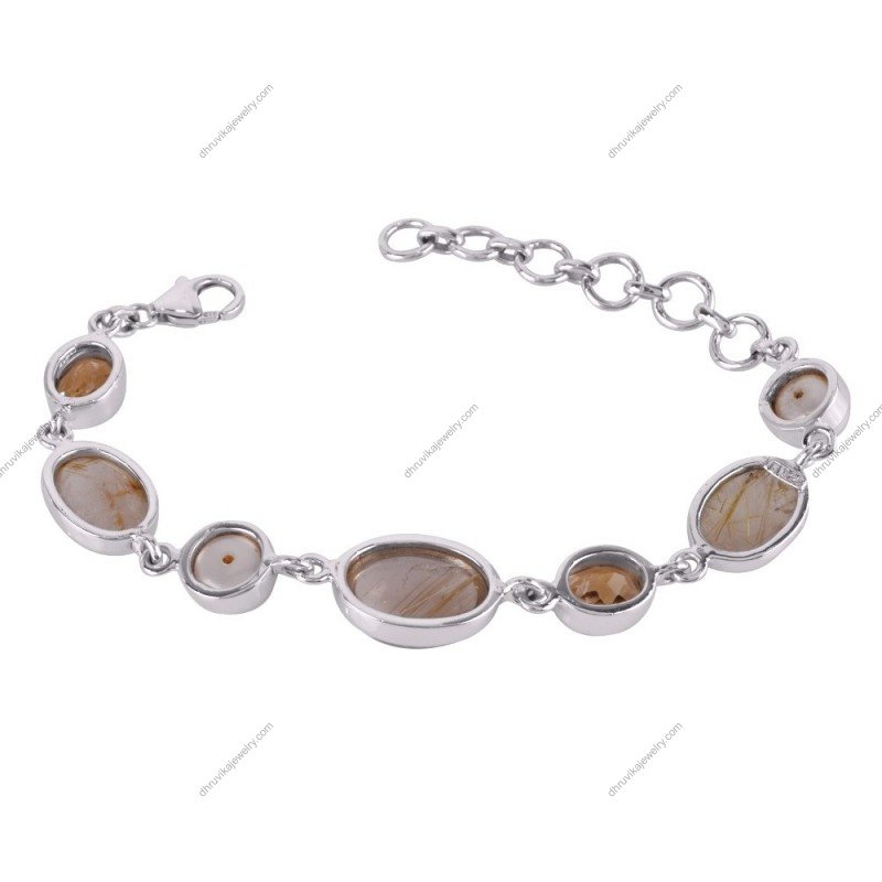 Sterling silver bracelet with rutilated quartz, citrine, and pearl gemstones, elegant and handcrafted.