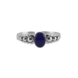 Sterling silver lapis lazuli cuff ring with intricate bead detailing, handmade artisan jewelry