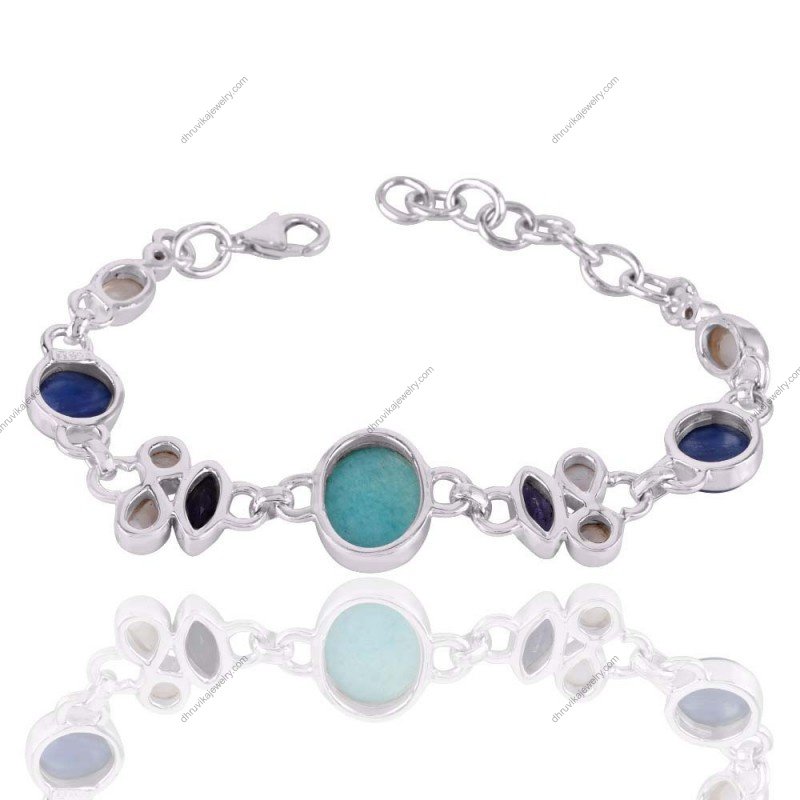 Sterling silver bracelet with amazonite, moonstone, and kyanite gemstones
