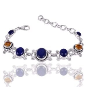 Sterling silver lapis lazuli and citrine bracelet with intricate detailing and adjustable fit