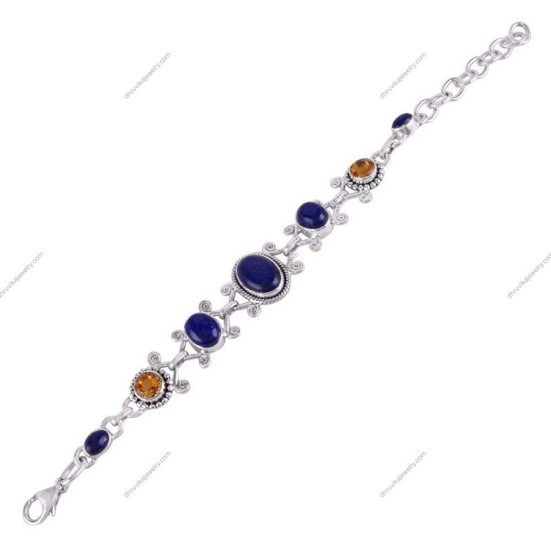 Sterling silver lapis lazuli and citrine bracelet with intricate detailing and adjustable fit