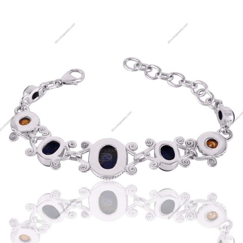 Sterling silver lapis lazuli and citrine bracelet with intricate detailing and adjustable fit