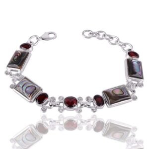 Sterling silver garnet and abalone shell bracelet with artisan design and secure clasp