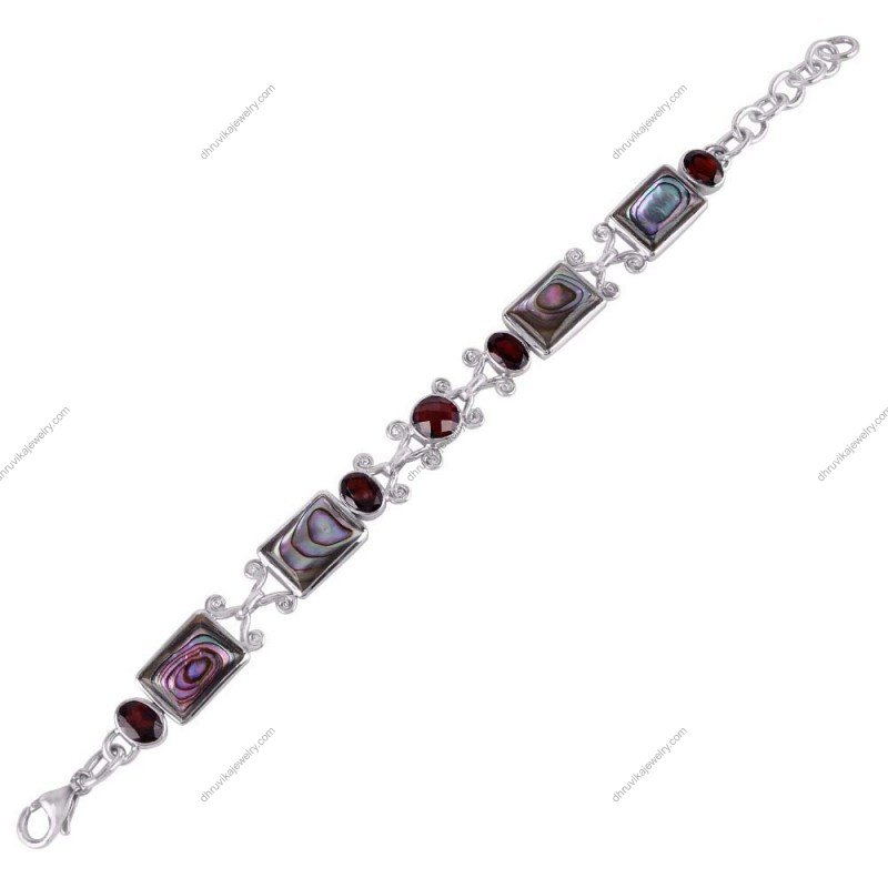 Sterling silver garnet and abalone shell bracelet with artisan design and secure clasp