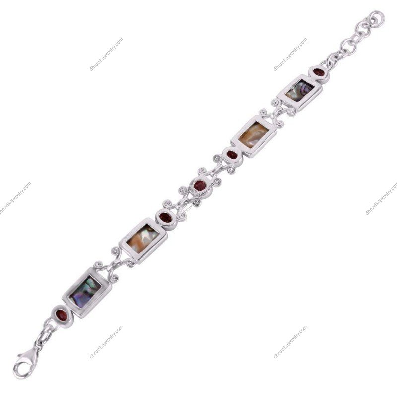 Sterling silver garnet and abalone shell bracelet with artisan design and secure clasp