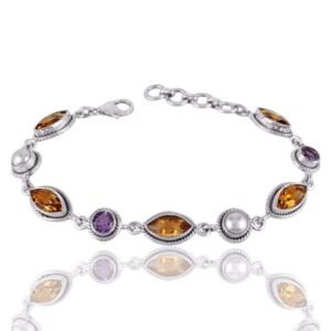 Sterling silver citrine and amethyst bracelet with pearls, handcrafted gemstone jewelry
