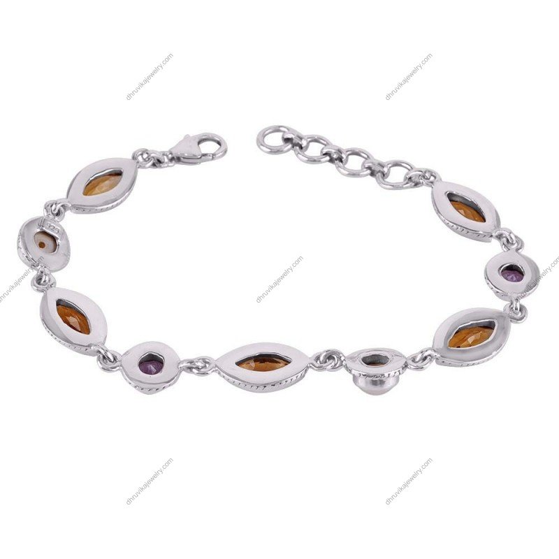 Sterling silver citrine and amethyst bracelet with pearls, handcrafted gemstone jewelry