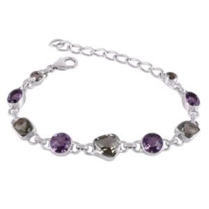 Sterling silver gemstone bracelet with smoky quartz and amethyst, elegant adjustable jewelry for women