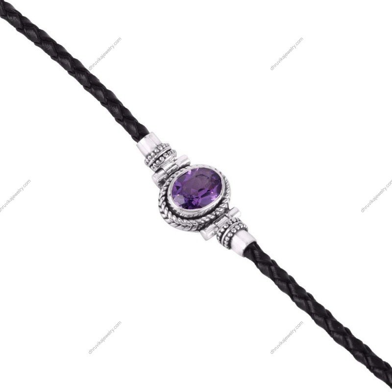 Sterling silver amethyst bracelet with black braided leather and artisan details