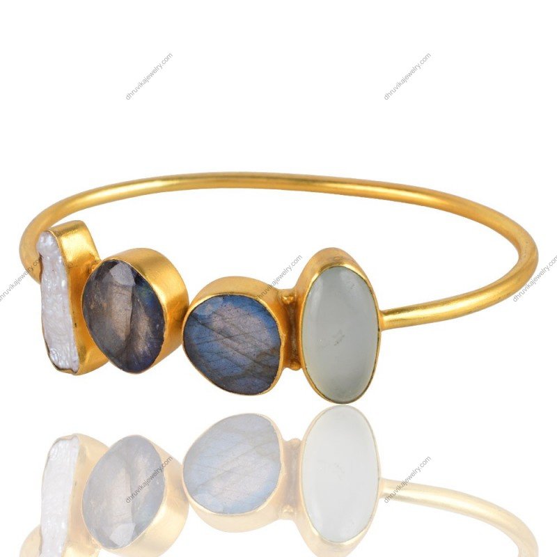 Handcrafted gold-plated bangle with labradorite, aquamarine, and pearl accents