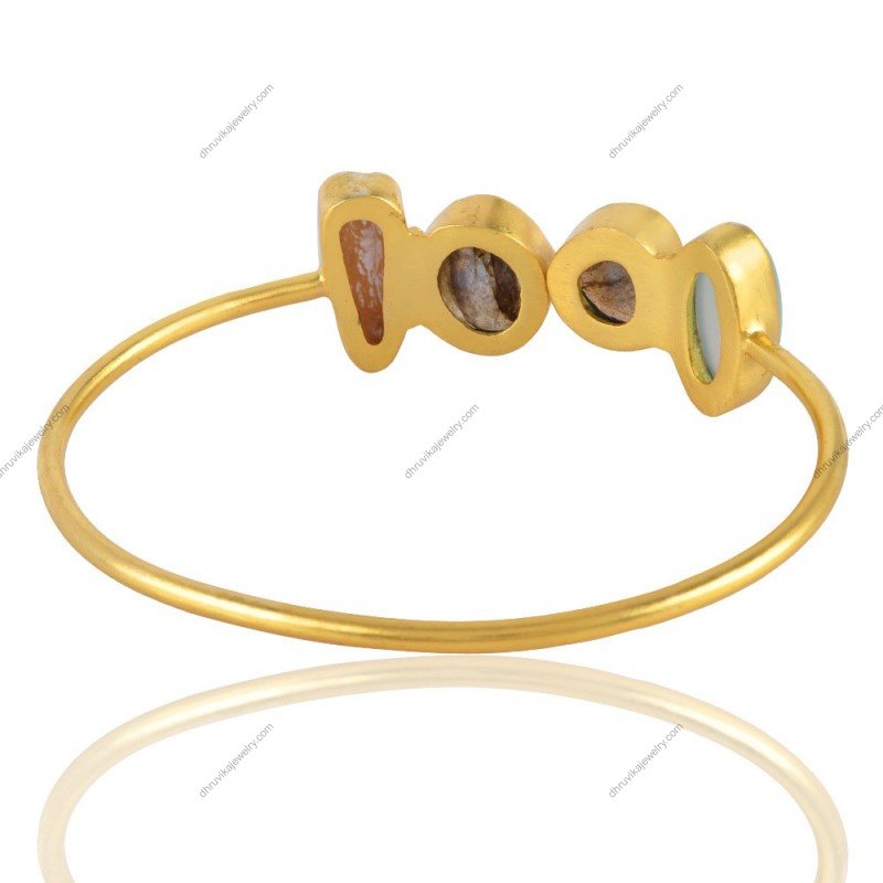 Handcrafted gold-plated bangle with labradorite, aquamarine, and pearl accents