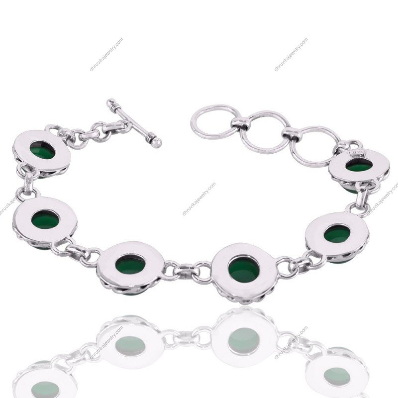 Sterling silver green agate bracelet with handcrafted bezels and adjustable clasp