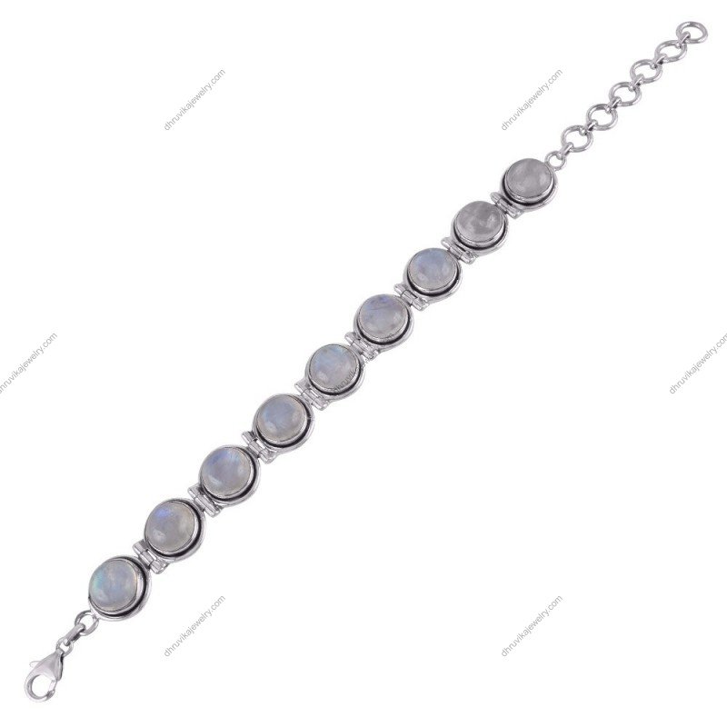 Elegant sterling silver moonstone bracelet featuring handcrafted bezel-set gemstones.