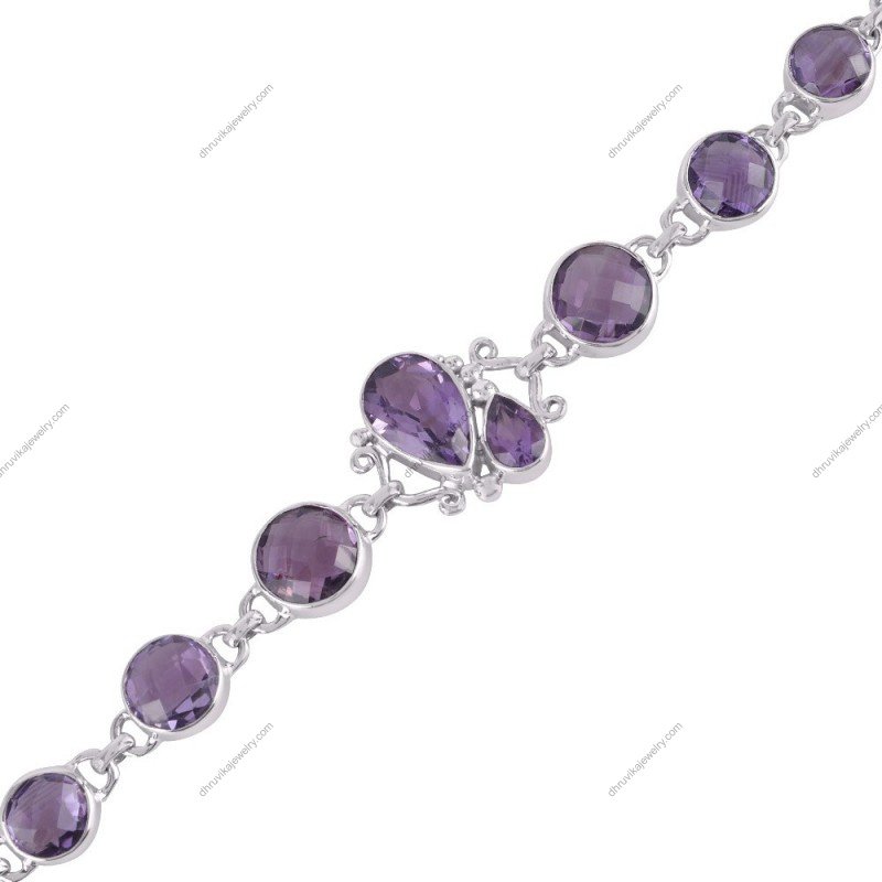 Sterling silver amethyst bracelet with faceted gemstones and an adjustable chain