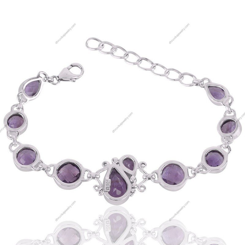 Sterling silver amethyst bracelet with faceted gemstones and an adjustable chain