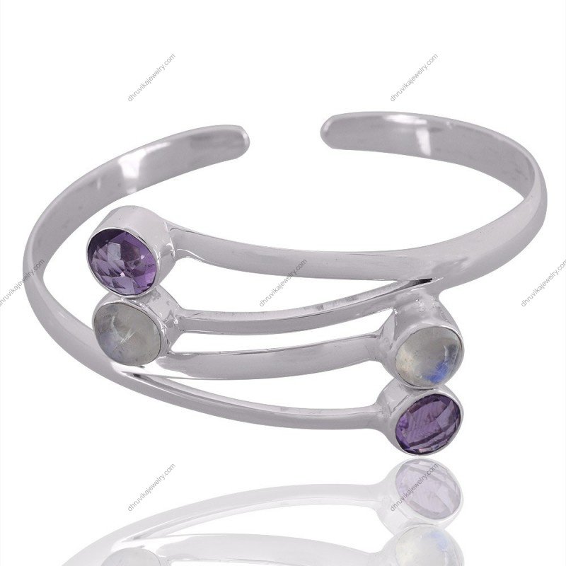 Sterling silver cuff bracelet with amethyst and moonstone gemstones, handcrafted design
