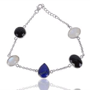 Sterling silver gemstone bracelet with lapis lazuli, moonstone, and black onyx stones