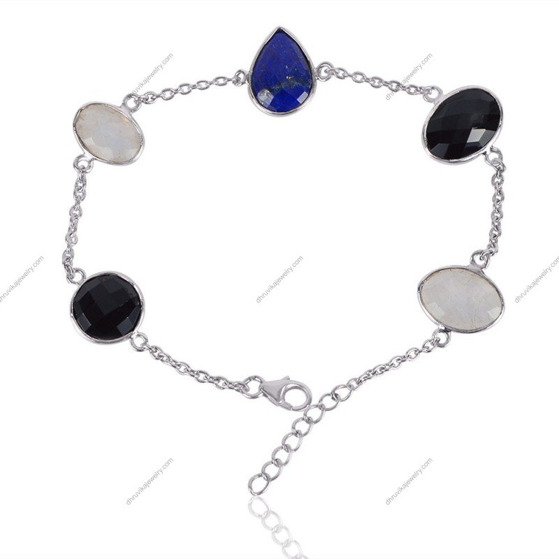 Sterling silver gemstone bracelet with lapis lazuli, moonstone, and black onyx stones