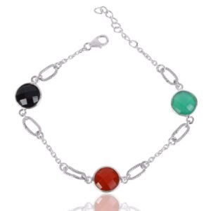 Sterling silver bracelet with black onyx, red carnelian, and green chalcedony gemstones