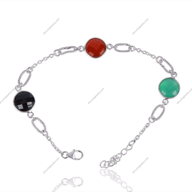 Sterling silver bracelet with black onyx, red carnelian, and green chalcedony gemstones