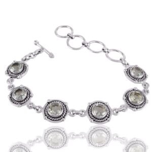 Sterling silver green amethyst bracelet with vintage detailing and toggle clasp