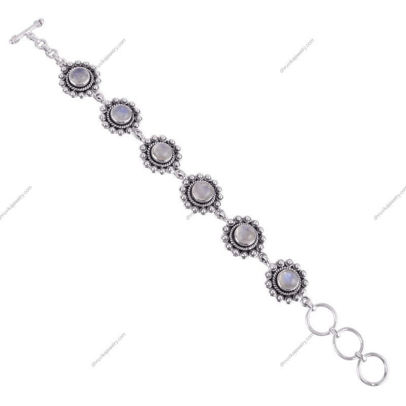 Vintage silver moonstone bracelet with handcrafted floral design in 925 sterling silver