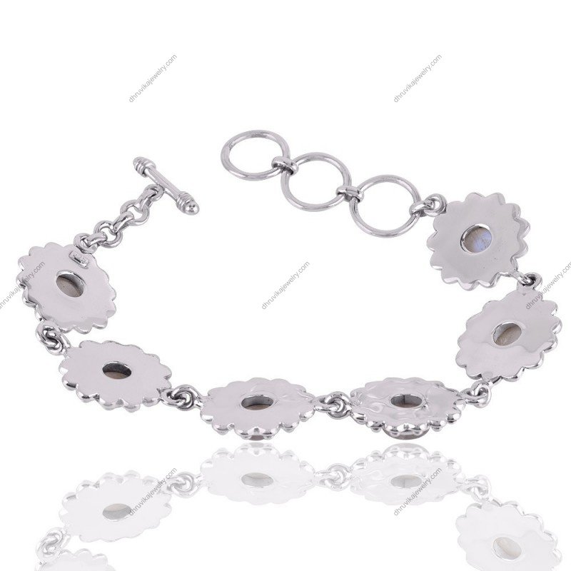 Vintage silver moonstone bracelet with handcrafted floral design in 925 sterling silver