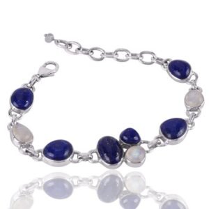 Sterling silver lapis lazuli and moonstone bracelet with adjustable chain and lobster clasp