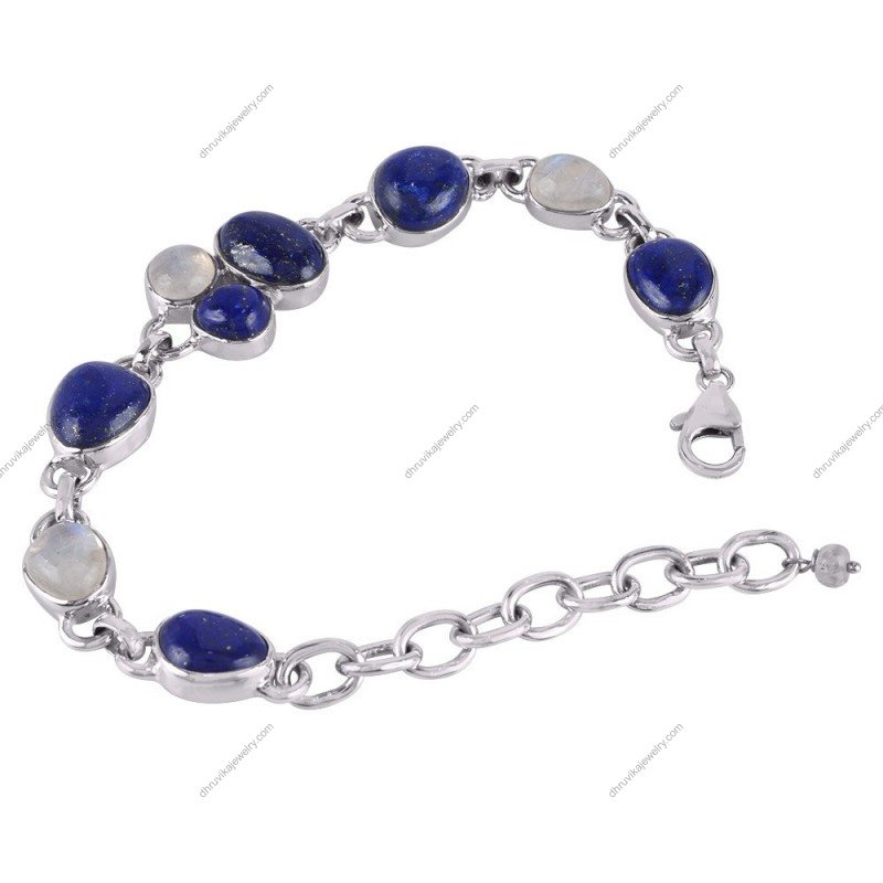 Sterling silver lapis lazuli and moonstone bracelet with adjustable chain and lobster clasp