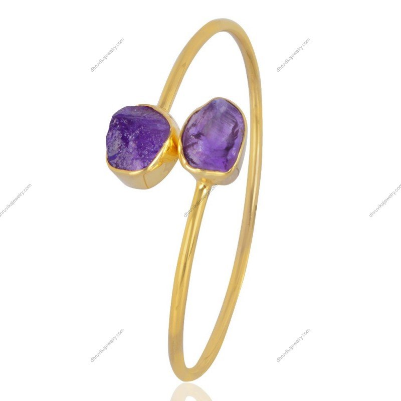 Handcrafted gold-plated bangle with raw amethyst gemstones, elegant and minimalist jewelry design._view2