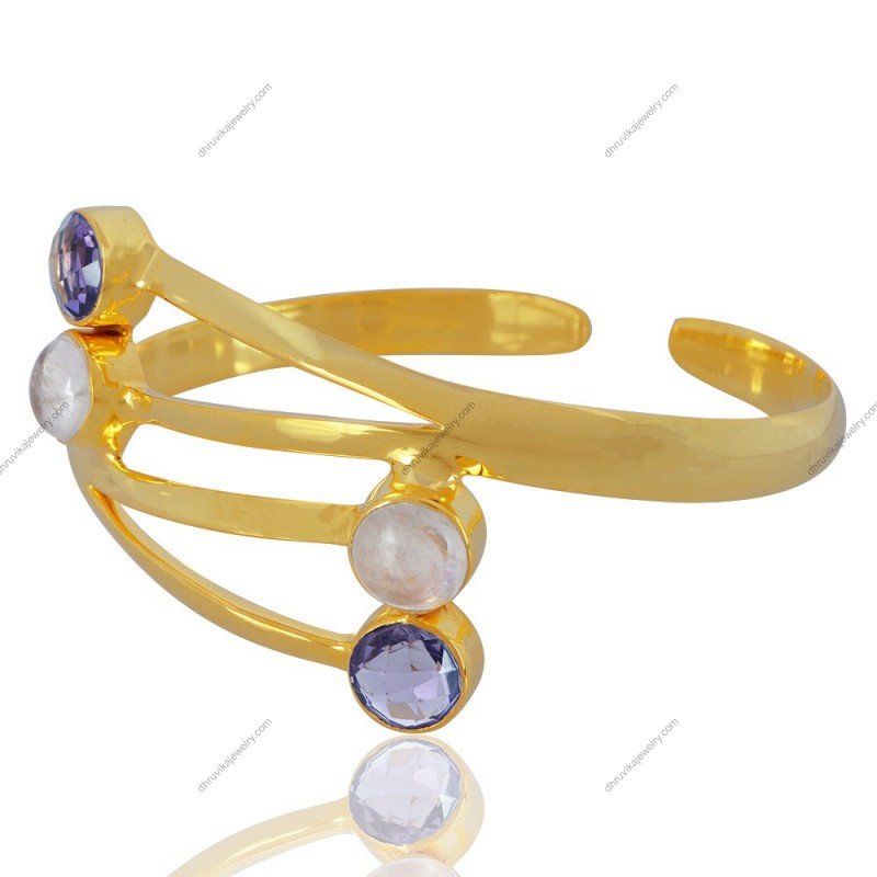 Gold-plated cuff bracelet with amethyst and moonstone, handcrafted jewelry for elegant styling._alternate_image