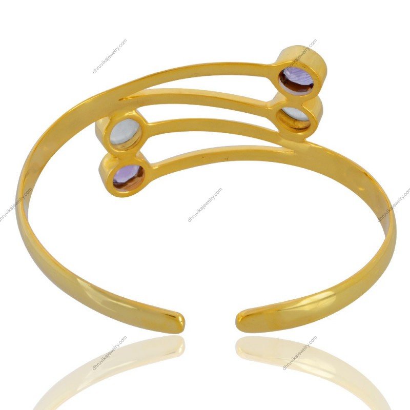 Gold-plated cuff bracelet with amethyst and moonstone, handcrafted jewelry for elegant styling._view1