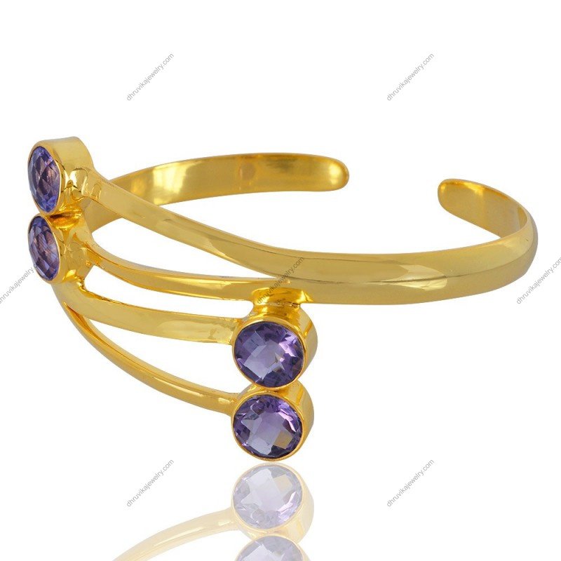 Gold-plated amethyst cuff bracelet with three faceted gemstones, handcrafted elegant jewelry piece alternate_image