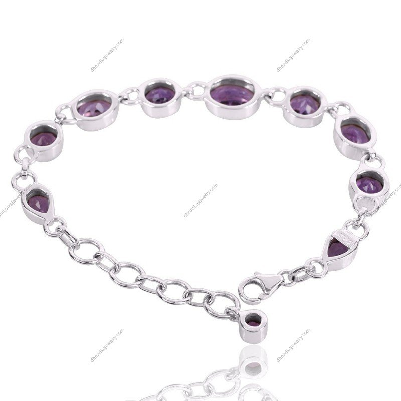 Sterling silver amethyst bracelet with oval and round gemstones, elegant handcrafted jewelry view1