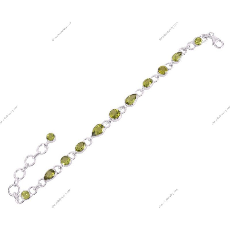 Sterling silver peridot bracelet with adjustable chain, featuring round and pear-shaped gemstones alternate_image
