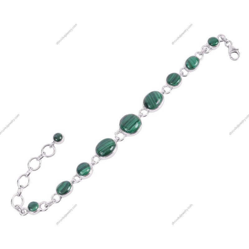 Sterling silver malachite bracelet with vibrant green gemstones – Handmade adjustable gemstone jewelry alternate_image